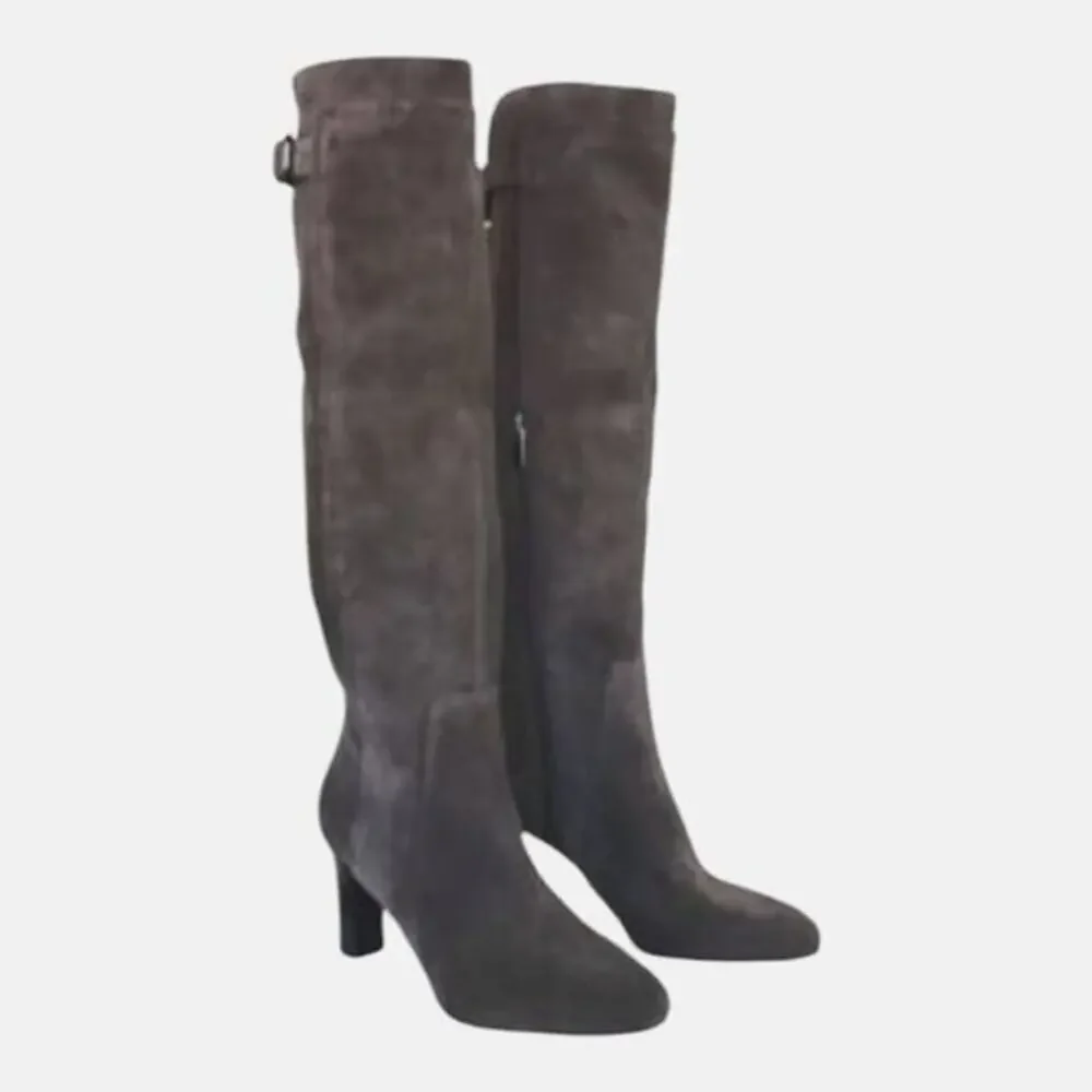 Via Spiga PArca Suede Knee High Boots‎ Buckle Heel Zip Gray Women's Size 6.5